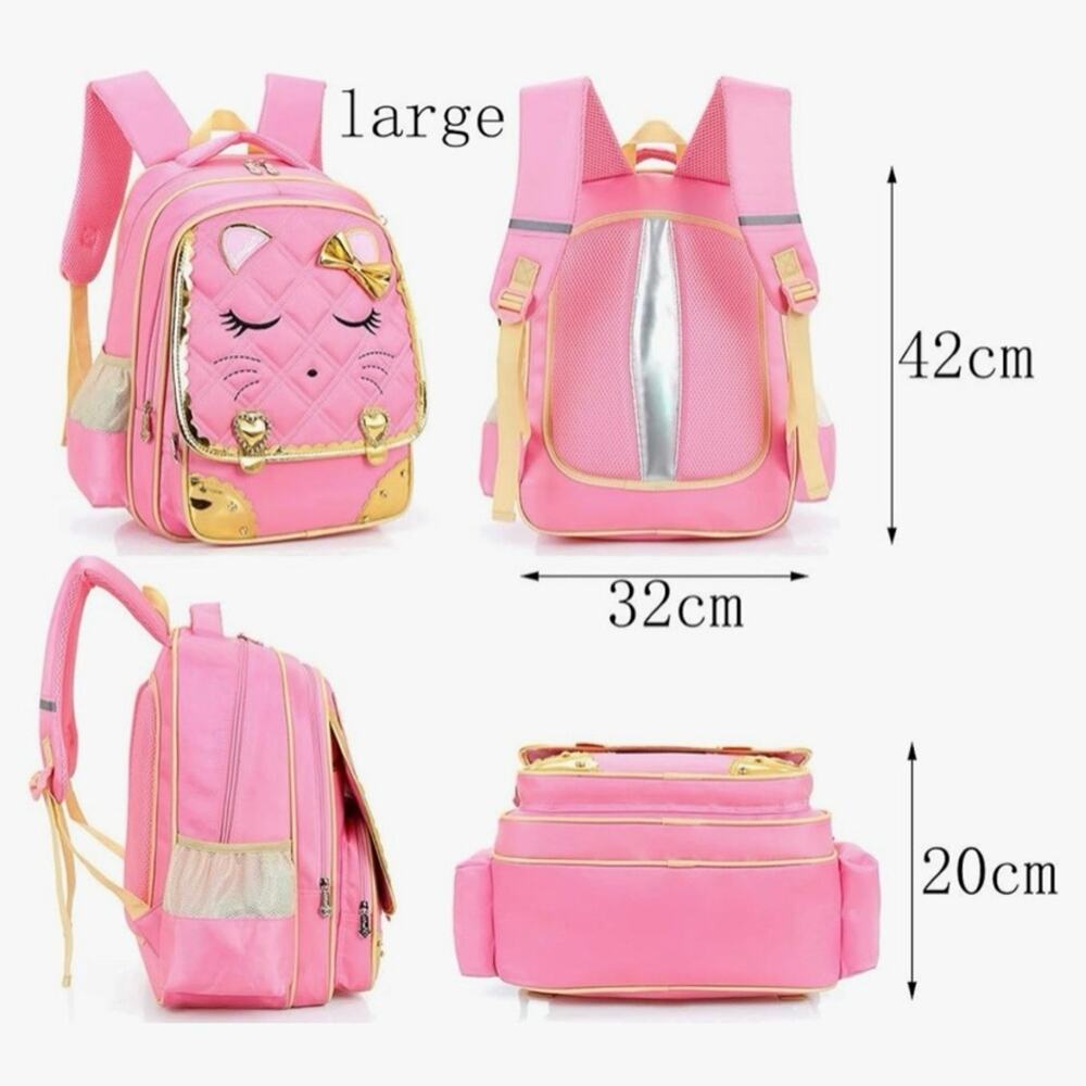 Efree Pink Kitty Cat School Backpack with Lunch Bag Gold Rhinestone Accents - Picture 3 of 4